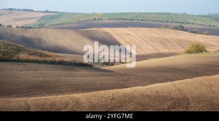 Paysage agricole arable ondulé, photographié en automne en Moravie du sud en République tchèque. La région est connue sous le nom de Toscane morave. Banque D'Images