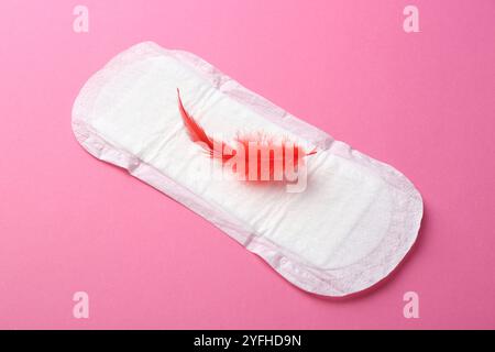 Tampon menstruel avec plume rouge sur fond rose Banque D'Images