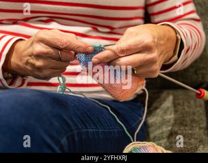 Gros plan d'une personne tricotant du fil coloré avec des aiguilles en métal, mettant en valeur un passe-temps chaleureux et la créativité dans l'art textile Banque D'Images