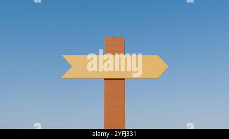 Simple panneau en bois avec une flèche pointant vers la droite, contre un ciel bleu. Il symbolise le voyage, la direction et le choix. Banque D'Images