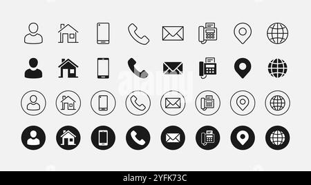 Jeu d'icônes de contact moderne pour les entreprises, y compris les icônes de téléphone, d'e-mail, d'adresse et de médias sociaux. Design minimaliste et rond avec un style contemporain pour eff Illustration de Vecteur
