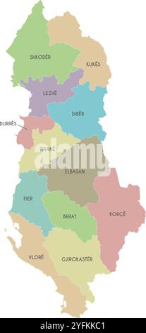 Carte régionale vectorielle de l'Albanie avec les comtés ou territoires et les divisions administratives. Calques modifiables et clairement étiquetés. Illustration de Vecteur