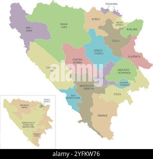 Carte vectorielle de la Bosnie-Herzégovine avec les entités, cantons, régions et divisions administratives. Calques modifiables et clairement étiquetés. Illustration de Vecteur