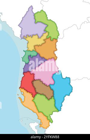 Vector illustré carte vierge régionale de l'Albanie avec les comtés et les divisions administratives, et les pays et territoires voisins. Modifiable et Illustration de Vecteur