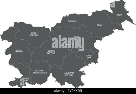 Carte vectorielle de la Slovénie avec régions ou territoires statistiques et divisions administratives. Calques modifiables et clairement étiquetés. Illustration de Vecteur