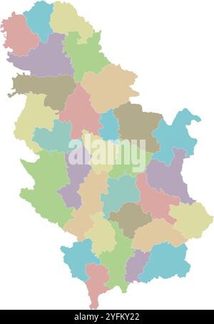 Carte vierge régionale vectorielle de la Serbie avec districts ou territoires et divisions administratives. Calques modifiables et clairement étiquetés. Illustration de Vecteur