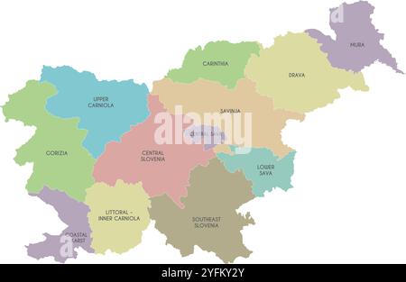 Carte vectorielle de la Slovénie avec régions ou territoires statistiques et divisions administratives. Calques modifiables et clairement étiquetés. Illustration de Vecteur