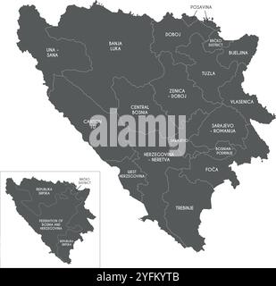 Carte vectorielle de la Bosnie-Herzégovine avec les entités, cantons, régions et divisions administratives. Calques modifiables et clairement étiquetés. Illustration de Vecteur