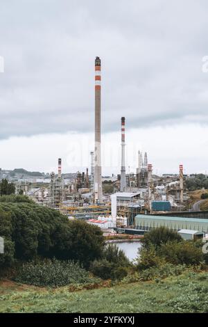 Un grand complexe industriel de raffinerie avec de hautes cheminées émettant de la fumée légère, entouré d'arbres verdoyants et de collines sous un ciel nuageux. Infos détaillées Banque D'Images