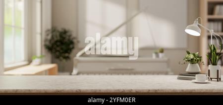 Gros plan d'un espace de copie pour exposer des produits sur une table dans une pièce lumineuse avec un piano à queue blanc en arrière-plan. rendu 3d, illustrati 3d. Banque D'Images