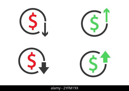 Icônes circulaires du dollar montrant les valeurs monétaires en hausse et en baisse. Illustration de Vecteur