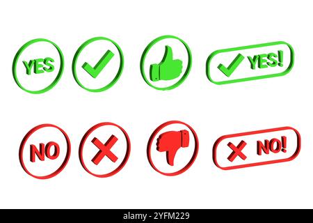 Ensemble d'icônes d'affirmation positives vertes comprenant le texte oui et des coches à côté des icônes de rejet négatives rouges. Illustration de Vecteur