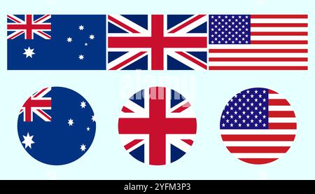 Icônes de drapeau simple de l'Australie, du Royaume-Uni et des États-Unis. Illustration de Vecteur