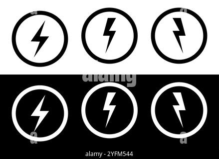 Ensemble d'icônes Lightning Bolt noir et blanc dans des cercles Illustration de Vecteur