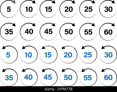 Icônes d'avance rapide et de retour rapide avec flèches circulaires et chiffres des minutes. Icônes de temps circulaires avec des nombres 5-60. Illustration de Vecteur