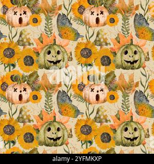 Un motif vibrant et coloré qui met en valeur des citrouilles ludiques aux côtés de tournesols joyeux, idéal pour la décoration d'Halloween. Motif sans couture aquarelle pour l'impression sur tissu et papier. Banque D'Images