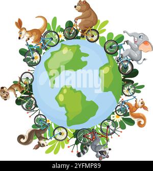 Animaux chevauchant des bicyclettes autour d'une illustration de globe Illustration de Vecteur