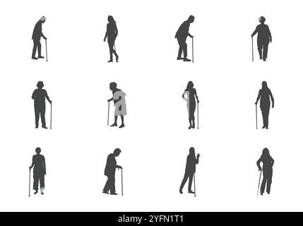 Vieille dame marchant avec le vecteur de canne, vieilles femmes avec la silhouette de canne, vieilles femmes avec une silhouette de bâton, silhouette de vieilles femmes Illustration de Vecteur