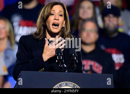 Pittsburgh, États-Unis. 04th Nov, 2024. La vice-présidente Kamala Harris s'adresse à ses partisans lors du 'vote for Freedom Rally' au Carrie Blast Furnaces à Rankin, Pennsylvanie, près de Pittsburgh, le lundi 4 novembre 2024, la veille des élections aux États-Unis. Photo par Archie Carpenter/UPI. Crédit : UPI/Alamy Live News Banque D'Images