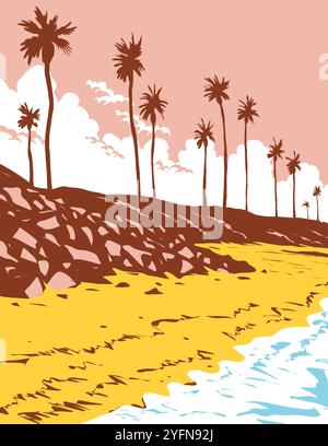 WPA affiche art de surf Beach à Warm Water Jetty Beach à l'extrémité sud de Carlsbad State Beach à Carlsbad, Californie, États-Unis États-Unis Illustration de Vecteur