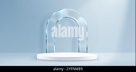 affichage de podium de cercle de verre de luxe 3d pour le fond de produit. Stand de studio blanc sur design bleu de plancher de salle d'exposition haut de gamme. Décor de vitrine beauté et cosmétique avec une voûte élégante et une maquette de piédestal Illustration de Vecteur