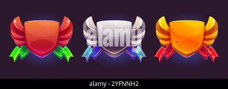 Boucliers de récompense de jeu avec un design héraldique ailé, des rubans colorés et un espace vide. Modèles vierges en bronze, argent et or pour les badges de réalisation, les rangs d'avatar ou les médailles dans l'interface médiévale. Illustration de Vecteur
