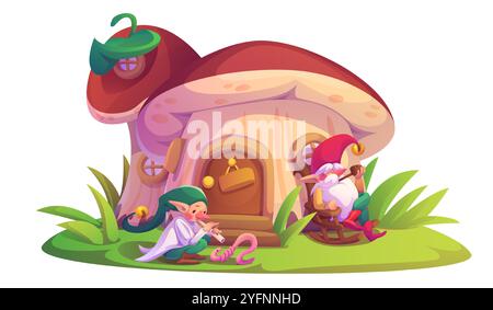 Maison de champignon de gnome de jardin pour conte de fées de bande dessinée. Construction de maison de légumes fantaisie de nain ou d'elfe pour le jeu. Mascotte drôle avec la barbe près de la porte en bois. Petit vieux hobbit fantaisiste dans la conception de chapeau rouge Illustration de Vecteur