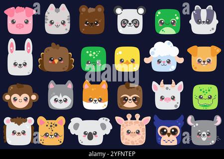 Visages carrés animaux mignons. Têtes de personnages de dessins animés pour la conception de jeux. Ensemble d'icônes Kawaii Vector Pets. Avatar de panda de singe de porc et de chien. Plat Illustration de Vecteur