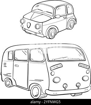 Explorer les voitures anciennes Une collection de véhicules compacts classiques et de modèles de fourgonnettes rétro. Illustration d'esquisse vectorielle. Tourisme Illustration de Vecteur