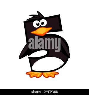 Dessin animé numéro 5 comme pingouin, figure cinq. Dessin animé de nombre avec un concept animal. Calligraphie, lettrage, typographie pour vos cartes Education ou Illustration de Vecteur