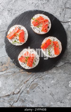 Cheesecake épicé, sandwich au poisson rouge, fromage à la crème, sésame et microgreens gros plan sur une assiette d'ardoise sur la table. Vue de dessus verticale Banque D'Images