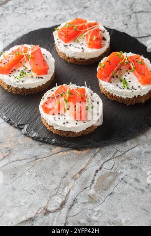 Grignoter des cheesecakes avec du poisson rouge, du fromage à la crème, du sésame et des microverts en gros plan sur une assiette en ardoise sur la table. Vertical Banque D'Images