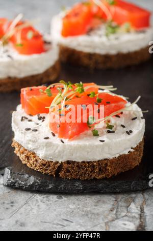 Sandwich au cheesecake au saumon fumé pain grillé en gros plan sur une assiette en ardoise sur la table. Vertical Banque D'Images