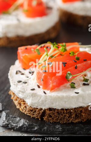 Gâteau au fromage savoureux, sandwich ouvert, pain grillé au saumon, fromage à la crème, sésame et micro légumes verts pour un petit déjeuner sain en gros plan sur une assiette en ardoise sur la table. Banque D'Images