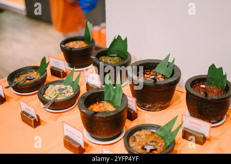 Un assortiment de variétés sambal traditionnelles dans des bols en argile, présentant des couleurs vives et des textures riches, parfait pour mettre en valeur la cuisine indonésienne Banque D'Images