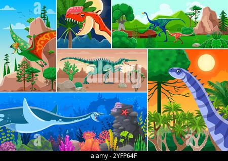 Collage de dinosaures préhistoriques. Scènes vectorielles de dessin animé avec des animaux dino, elasmosaurus, tapejara, garudimimus, monolophosaurus, alvarezsaurus, hypselosaurus et spynosaurus dans leurs milieux naturels Illustration de Vecteur