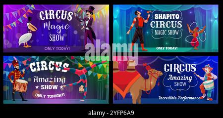 Bannières de cirque pour le carnaval funfair avec des artistes et des animaux, dessin animé vectoriel. Tente chapiteau affiche des affiches de spectacle avec clown, jongleur de singe et homme mangeur de feu avec acrobate et chameau funfair Illustration de Vecteur