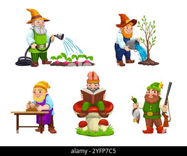 Personnages nains de gnome de dessin animé. Personnages vectoriels de gnome de jardin de conte de fées mignons de menuisier, de chasseur et de jardinier. Drôles de nains arrosant les plantes avec seau, livre de lecture, bois de planification et canard de chasse Illustration de Vecteur