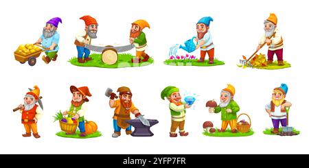 Personnages nains de gnome de dessin animé. Mignon conte de fées petits personnages vectoriels de gnome de jardin avec chapeaux magiques, champignon, brouette et pioche. Jardinier drôle, mineur, forgeron et bûcheron nains Illustration de Vecteur