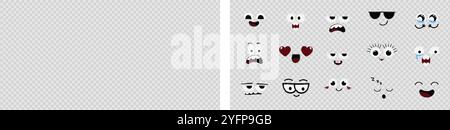 Émotions de visage, expressions comiques, collection mignonne Crazy Eyes isolée. Doodle Smiley Mood éléments de la bande dessinée. Visage comique émotionnel avec les yeux, la bouche, la langue et les dents. Illustration vectorielle Illustration de Vecteur