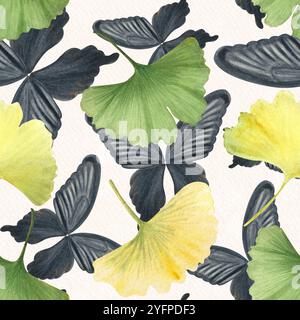 Feuilles vibrantes de Ginkgo, motif sans couture d'ailes de papillon noir sur fond blanc texturé. Aquarelle détaillée peinte à la main parfaite pour le textile Banque D'Images