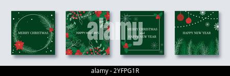 Ensemble de motifs de cartes de Noël carrées. Modèle de conception de carte festive de vecteur. Joyeux Noël, joyeuses fêtes et bonne année texte. Publications sur les réseaux sociaux Illustration de Vecteur