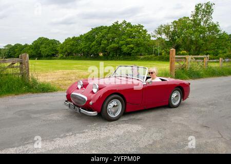 Années 1959 50 années cinquante Rouge Austin Healey Sprite Soft-top voiture essence 948 cc ; moteurs classiques britanniques, collectionneurs d'automobiles, amateurs d'automobiles et voitures vétérans historiques voyageant à Eccleston, Royaume-Uni Banque D'Images