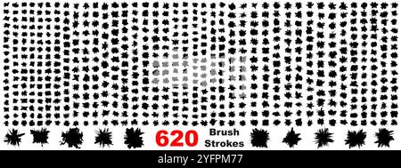Très grande collection ou ensemble de 620 peinture noire artistique fait à la main des coups de pinceau créatifs isolés sur fond blanc, métaphore à l'art ou grunge Illustration de Vecteur