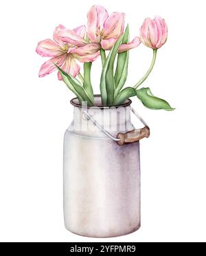 Tulipes de bouquet jaune clair rose pastel en bocal en aluminium illustration aquarelle isolée sur fond. Ressort de jardin délicat dessiné à la main Banque D'Images