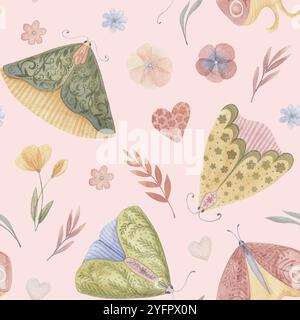 Boho Butterfly sans couture motif avec fleur et coeur sur le fond rose clair. Aquarelle dessinée à la main charmante illustration esthétique en doux Banque D'Images