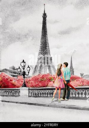 Peinture Paris paysage de ville européenne. France, Tour Eiffel et couple jeune homme, femme sur la rue vue, fond noir et blanc. Aquarelle PA Banque D'Images