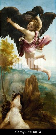 « L’enlèvement de Ganymède » vers 1531-1532 peinture à l’huile de l’artiste italien Antonio da Correggio (1489-1534) montrant la figure mythologique Ganymède, fils de Tros, emportée par Zeus transformée en aigle puissant. Banque D'Images