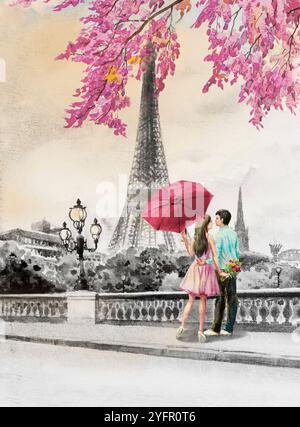 Peinture Paris paysage de ville européenne. France, Tour Eiffel et couple jeune homme, femme dans la rue avec parapluie rouge. Aquarelles illustr Banque D'Images