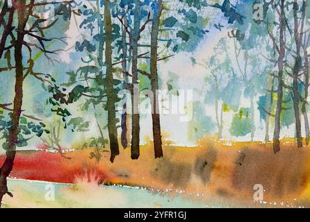 Peintures forêt- paysage aquarelle original de concept de croissance des arbres et écologie prairie campagne. Illustration peinte à la main sur papier, arbre vert Banque D'Images